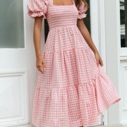 Women Spring Summer Style Dress Lady Casual Short Lantern Sleeve Square Collar Plaid Printed Dress SS3889