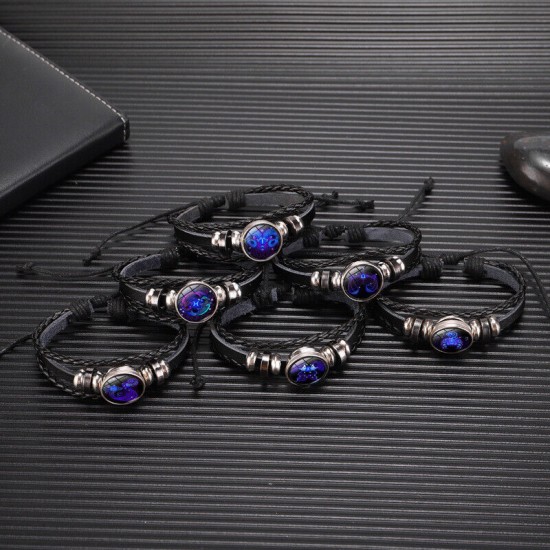 Leather Luminous Bracelet 12 Constellation Zodiac Sign Braided Unisex Jewellery
