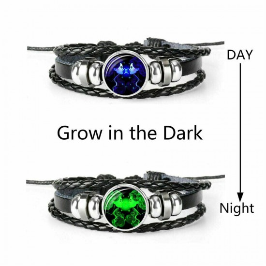 Leather Luminous Bracelet 12 Constellation Zodiac Sign Braided Unisex Jewellery