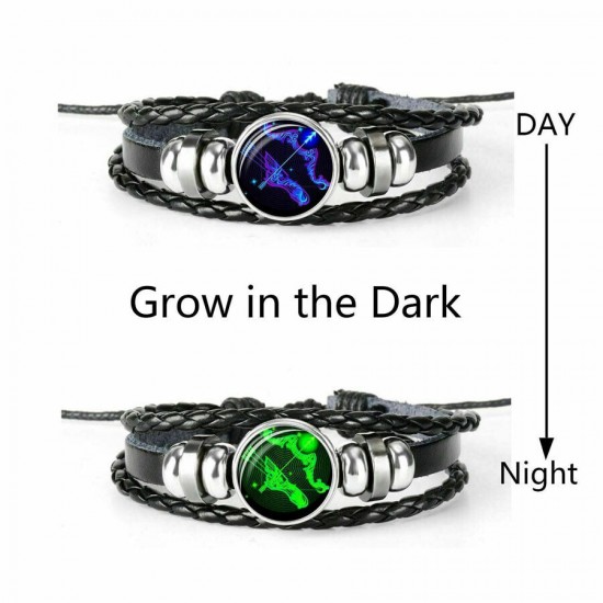 Leather Luminous Bracelet 12 Constellation Zodiac Sign Braided Unisex Jewellery