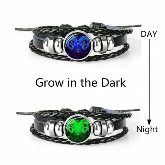 Leather Luminous Bracelet 12 Constellation Zodiac Sign Braided Unisex Jewellery