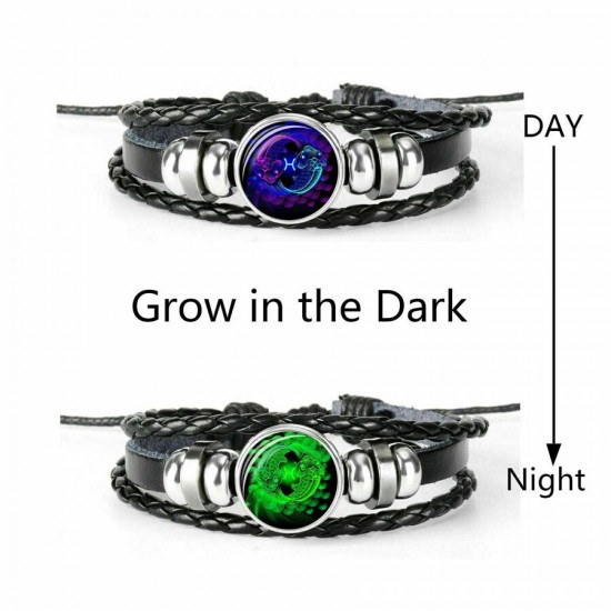 Leather Luminous Bracelet 12 Constellation Zodiac Sign Braided Unisex Jewellery