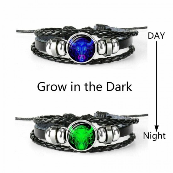 Leather Luminous Bracelet 12 Constellation Zodiac Sign Braided Unisex Jewellery