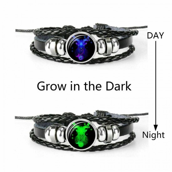 Leather Luminous Bracelet 12 Constellation Zodiac Sign Braided Unisex Jewellery