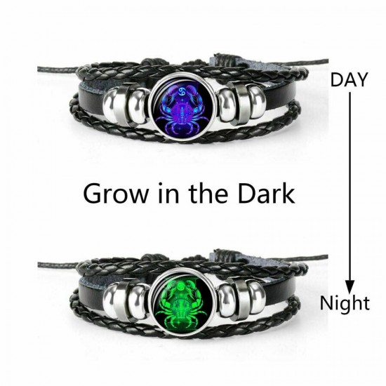 Leather Luminous Bracelet 12 Constellation Zodiac Sign Braided Unisex Jewellery