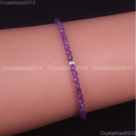 Natural Faceted Round Gemstone 2mm 3mm 4mm Handmade Beads Stretchy Bracelet 925