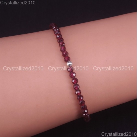 Natural Faceted Round Gemstone 2mm 3mm 4mm Handmade Beads Stretchy Bracelet 925