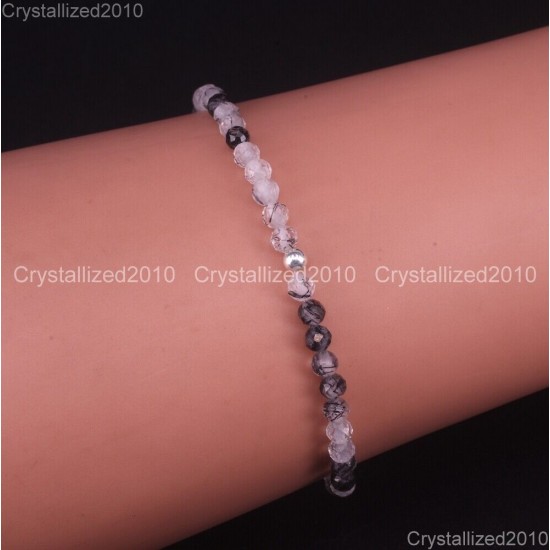 Natural Faceted Round Gemstone 2mm 3mm 4mm Handmade Beads Stretchy Bracelet 925