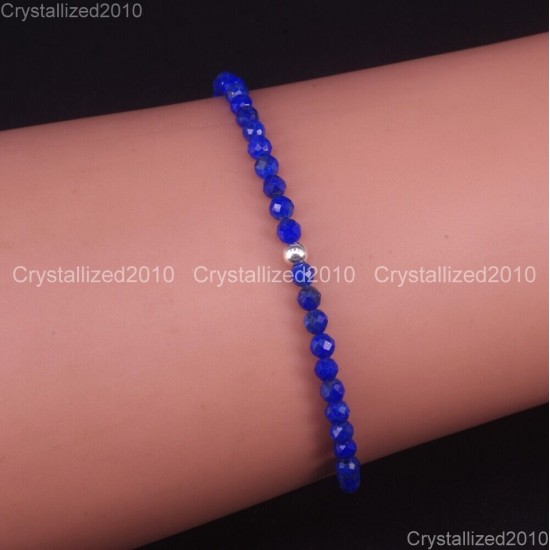 Natural Faceted Round Gemstone 2mm 3mm 4mm Handmade Beads Stretchy Bracelet 925