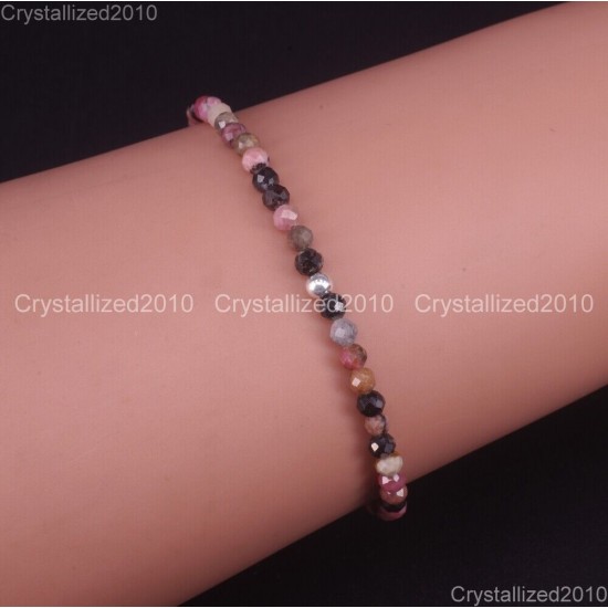 Natural Faceted Round Gemstone 2mm 3mm 4mm Handmade Beads Stretchy Bracelet 925