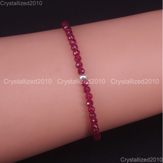Natural Faceted Round Gemstone 2mm 3mm 4mm Handmade Beads Stretchy Bracelet 925