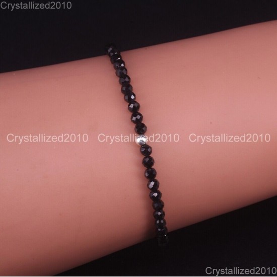 Natural Faceted Round Gemstone 2mm 3mm 4mm Handmade Beads Stretchy Bracelet 925