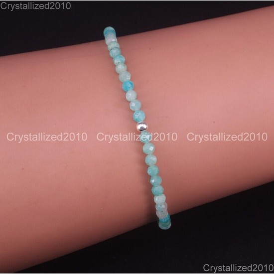 Natural Faceted Round Gemstone 2mm 3mm 4mm Handmade Beads Stretchy Bracelet 925