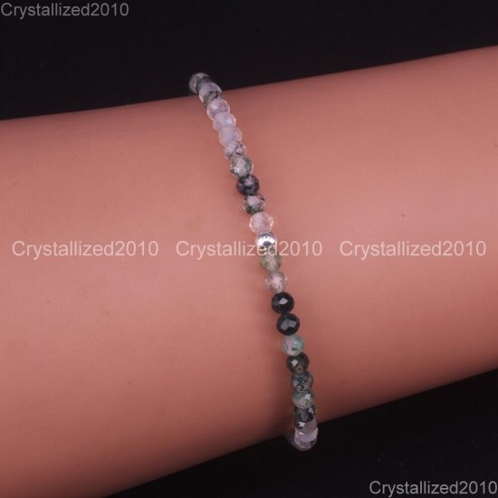 Natural Faceted Round Gemstone 2mm 3mm 4mm Handmade Beads Stretchy Bracelet 925