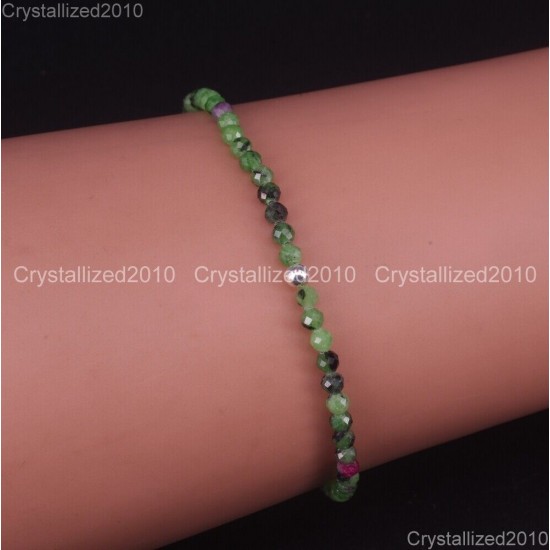 Natural Faceted Round Gemstone 2mm 3mm 4mm Handmade Beads Stretchy Bracelet 925