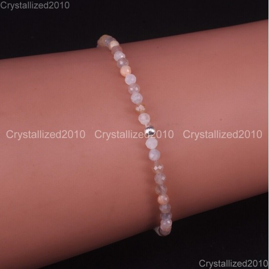 Natural Faceted Round Gemstone 2mm 3mm 4mm Handmade Beads Stretchy Bracelet 925