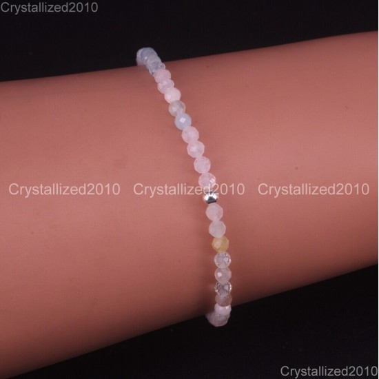 Natural Faceted Round Gemstone 2mm 3mm 4mm Handmade Beads Stretchy Bracelet 925