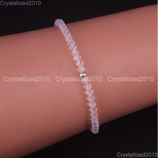Natural Faceted Round Gemstone 2mm 3mm 4mm Handmade Beads Stretchy Bracelet 925