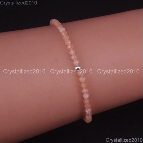 Natural Faceted Round Gemstone 2mm 3mm 4mm Handmade Beads Stretchy Bracelet 925