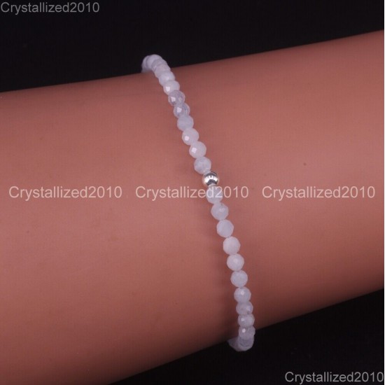Natural Faceted Round Gemstone 2mm 3mm 4mm Handmade Beads Stretchy Bracelet 925