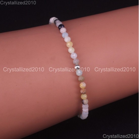 Natural Faceted Round Gemstone 2mm 3mm 4mm Handmade Beads Stretchy Bracelet 925
