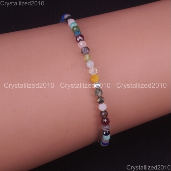 Natural Faceted Round Gemstone 2mm 3mm 4mm Handmade Beads Stretchy Bracelet 925